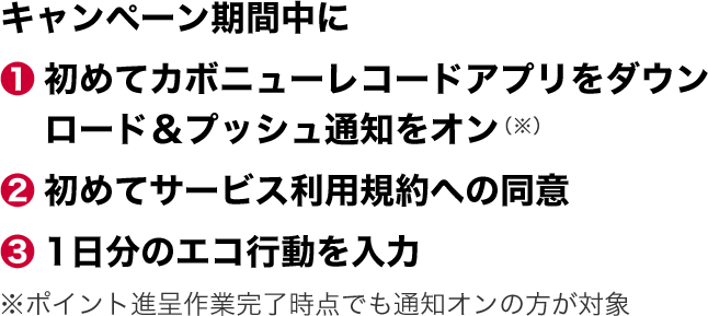 キャンペーン期間中に　①初めてカボニューレコードアプリをダウンロード＆プッシュ通知をオン(※)　②初めてサービス利用規約への同意　③1日分のエコ行動を入力　※ポイント進呈作業完了時点でも通知オンの方が対象