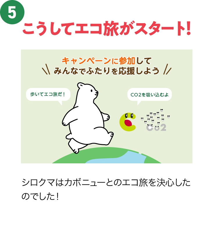 ⑤こうしてエコ旅がスタート！ シロクマはカボニューとのエコ旅を決心したのでした！
